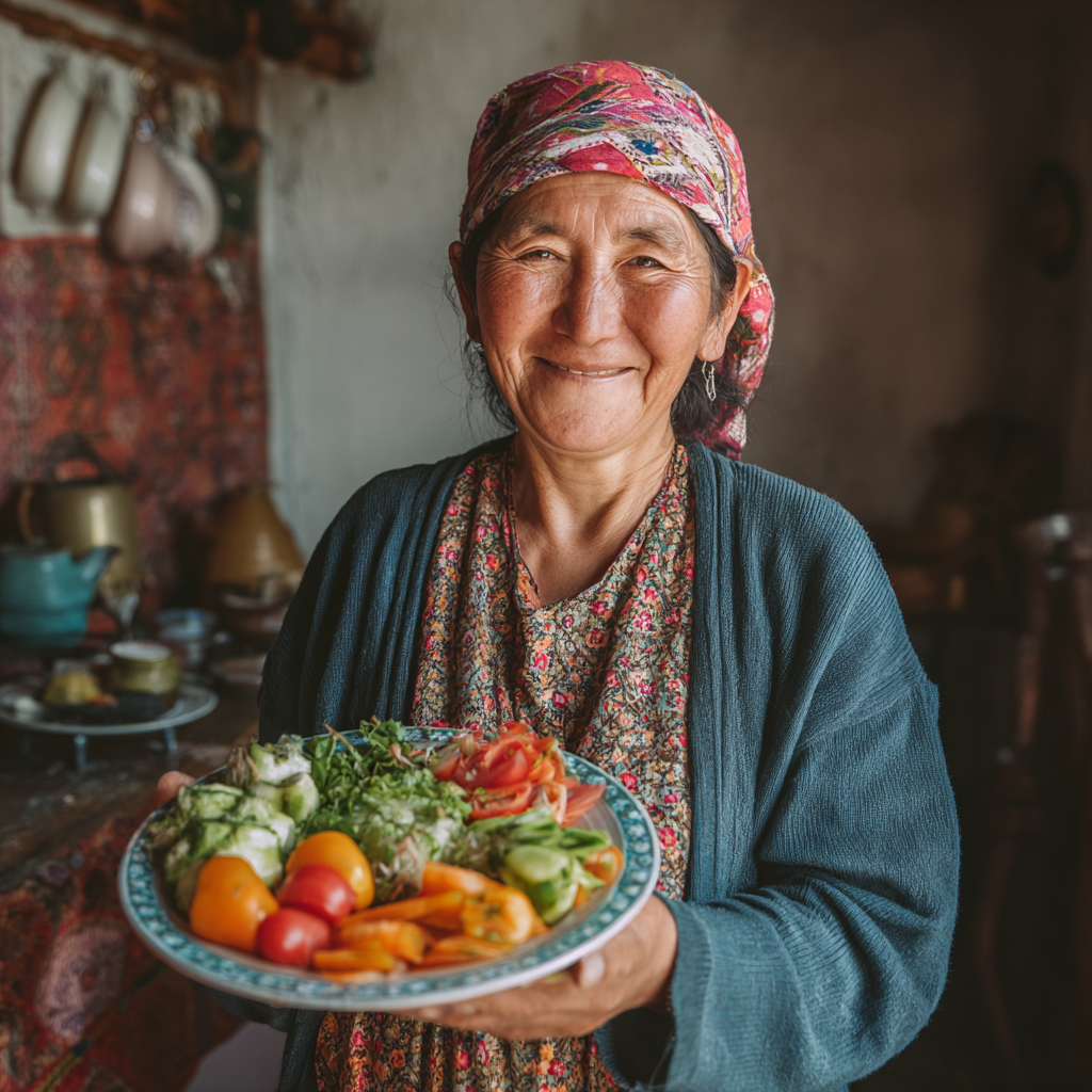 Smiling middle-aged Uzbek woman preparing healthy traditional food in modern kitchen